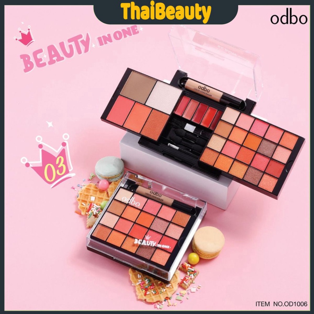 Bộ trang điểm 5in1 Odbo Beauty In One Thái Lan, Bảng Phấn Mắt Má Môi OD1006 Tiện Dụng Màu Xinh 31.5g