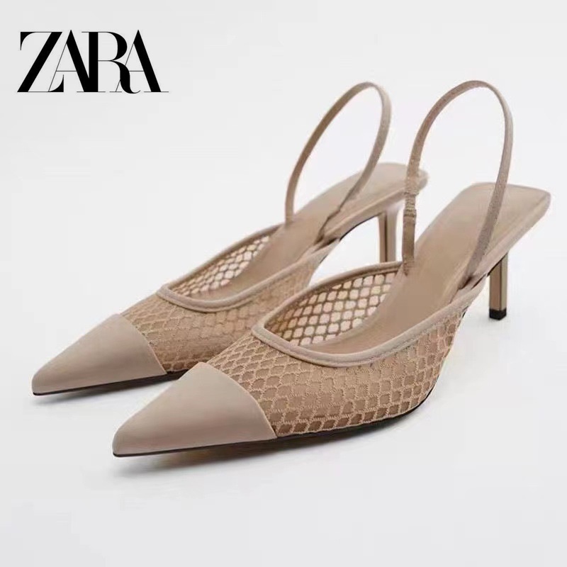Zara Phong Cách Mới Cao Gót Sandal Ren Khâu Lưới Mũi Nhọn Nông Miệng Lưng Dây Đeo Stiletto Ngoài Mặc Giày Cao Gót