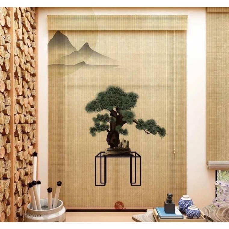 Mành tre trúc in tranh UV hình phong cảnh chim và hoa đào. Mành tre trúc trang trí decor cafe, spa.1