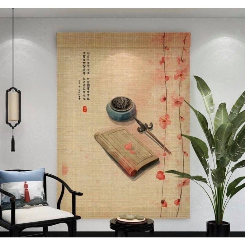 Mành tre trúc in tranh UV hình phong cảnh chim và hoa đào. Mành tre trúc trang trí decor cafe, spa.1