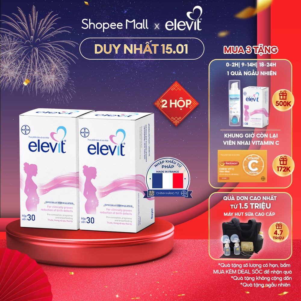 Bộ 2 Hộp Vitamin Bầu Tổng Hợp Elevit Cho Phụ Nữ Trước, Trong và Sau Thai Kỳ 