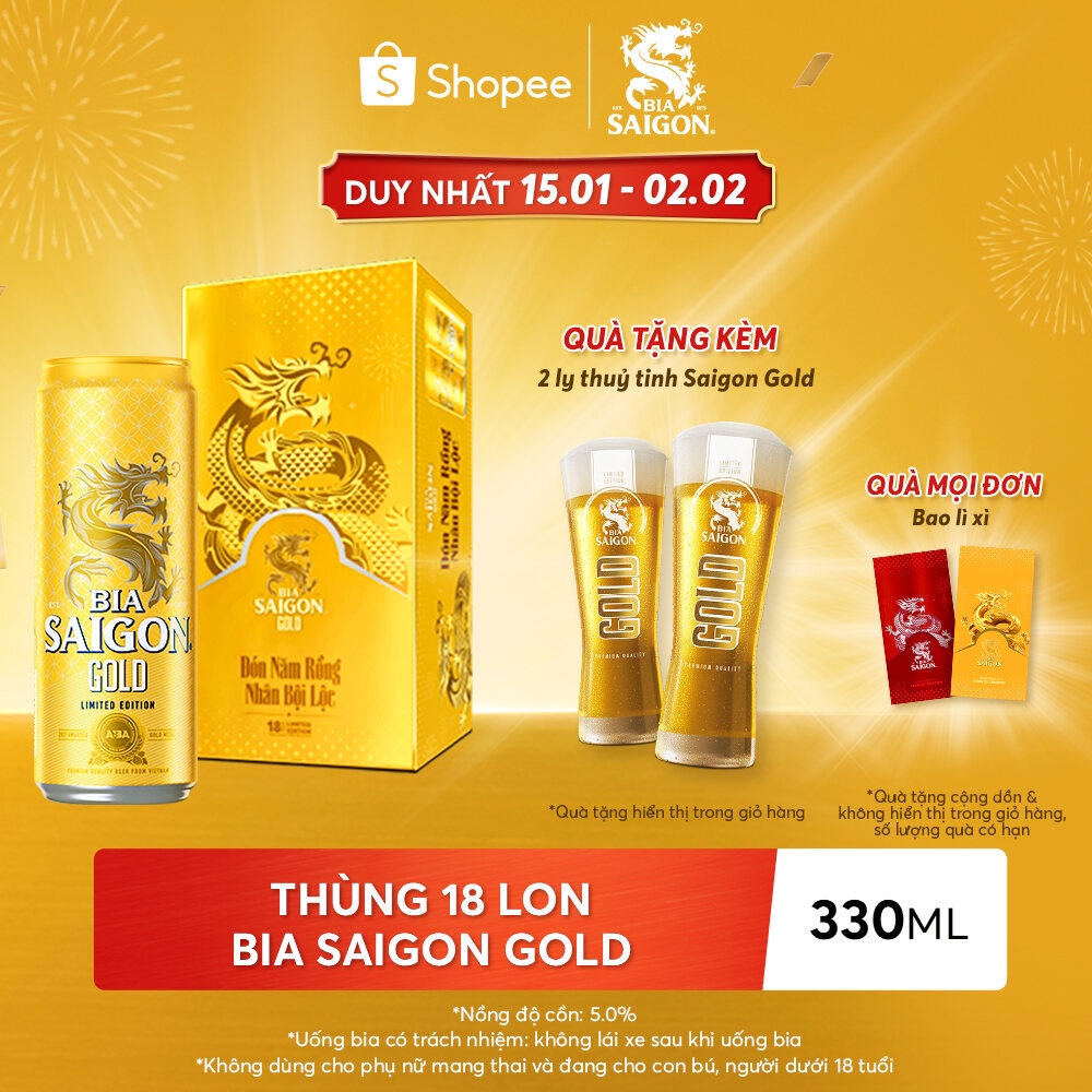 Thùng 18 lon bia Sài Gòn Gold - 330ml/lon