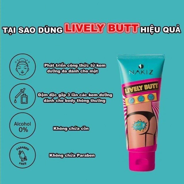 Kem thâm mụn, thâm mông, thâm nách, bẹn Nakiz Lively Butt - Mờ thâm đầu gối, cùi chỏ 100ml
