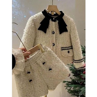 Set bộ thu đông cho bé gái C16 chất liệu dạ tweed thiết kế cổ nơ size đại từ 14-45kg