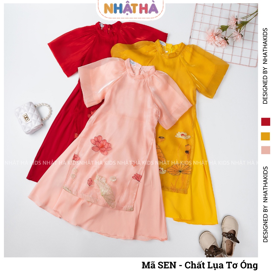  Áo dài cách tân bé gái SEN họa tiết hoa sen tay bồng NHẬT HÀ KIDS chất tơ óng mềm mại mặc tết size đại 11- 45kg 