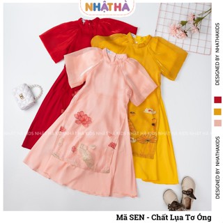  Áo dài cách tân bé gái SEN họa tiết hoa sen tay bồng NHẬT HÀ KIDS chất tơ óng mềm mại mặc tết size đại 11- 45kg 