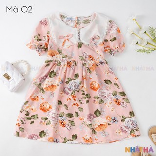 Váy bé gái dáng xòe O2 Chất Lanh Lụa Thoáng Mát Thiết kế cổ sen siêu dễ thương size đại từ 12-45kg