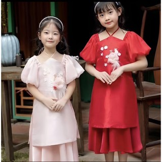 Set Áo dài cách tân bé gái AD2 thêu hoa tay bồng size đại từ 8-38kg mặc lễ Tết