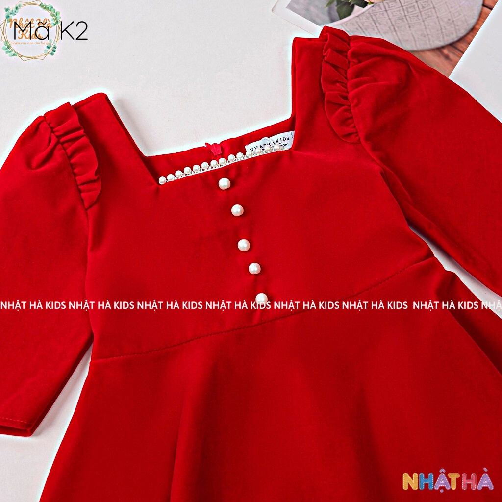 Váy đỏ cho bé gái thu đông NHẬT HÀ size đại 11-45kg chất nhung cổ vuông dáng xòe cực điệu