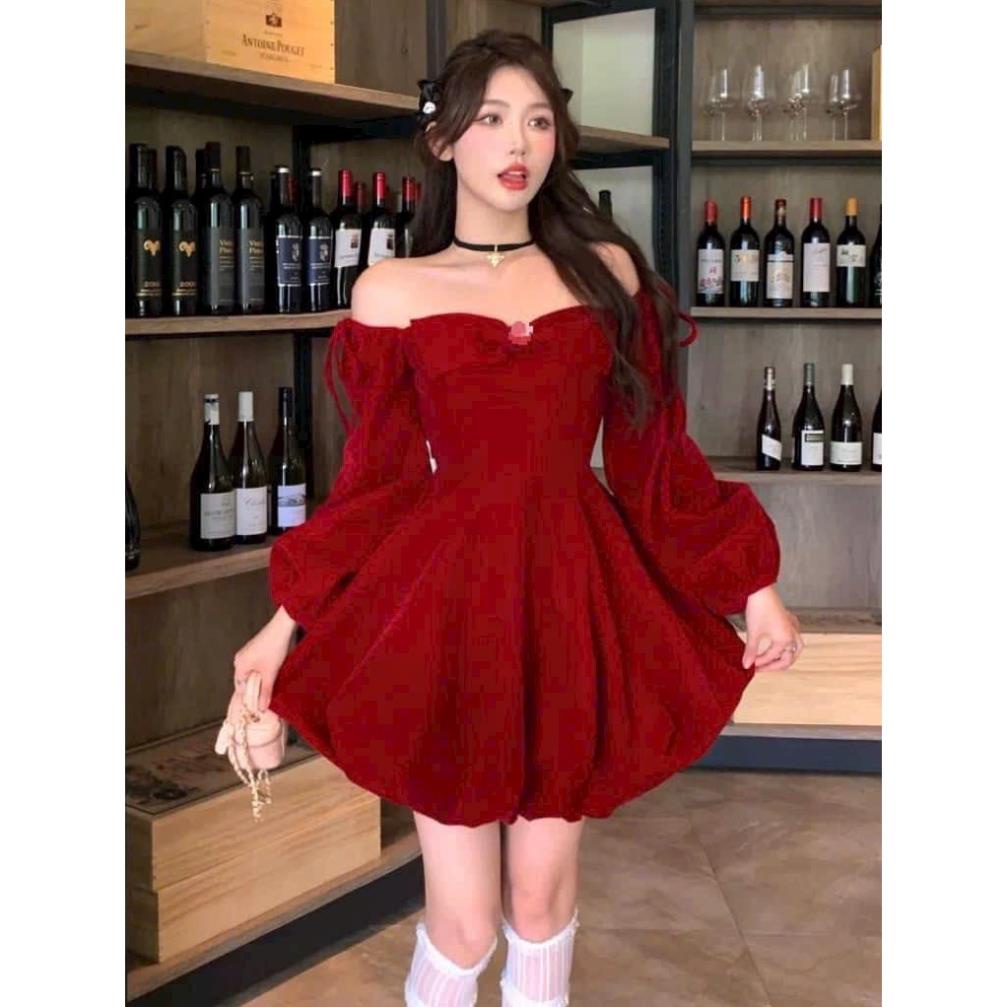 Váy Nhung Nơ Ngực Chụp Hoa Hồng Kèm Vòng Choker Cực Xinh HM