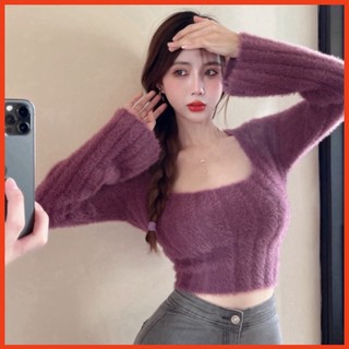Xian áo dệt kim dáng ngắn croptop tay dài cổ vuông mềm mại phong cách hàn quốc, áo len bông lông thỏ ôm eo tôn dáng 069m