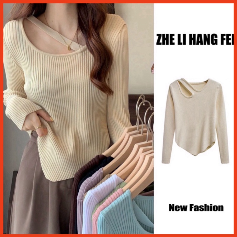 X Áo dệt kim nữ tay dài dáng ngắn cổ vuông chất len tăm Quảng Châu màu trơn cực ngọt Áo sweater phong cách Hàn Quốc 045M