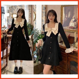 Xian Đầm Nơ Tay Dài Cổ Vuông Thời Trang Phong Cách Hàn Quốc, Váy Đen Cổ Vuông Dáng Xòe 146MS