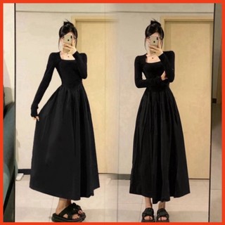 Xian Đầm xòe đen dáng dài cổ vuông ôm eo cực tôn dáng, Váy xòe tay dài dáng chữ A ôm body thanh lịch 128MS