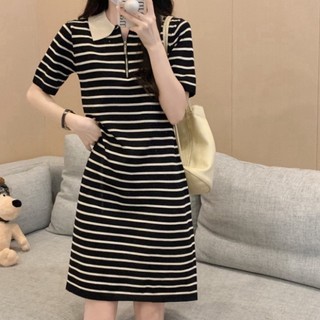 Xian Đầm Suông Tay Ngắn Kẻ Sọc Ngang Phom Rộng Dáng Dài Phong Cách Nhẹ Nhàng Kiểu Hàn, Đầm Polo Kẻ Sọc Kéo Khóa Cổ 092MS