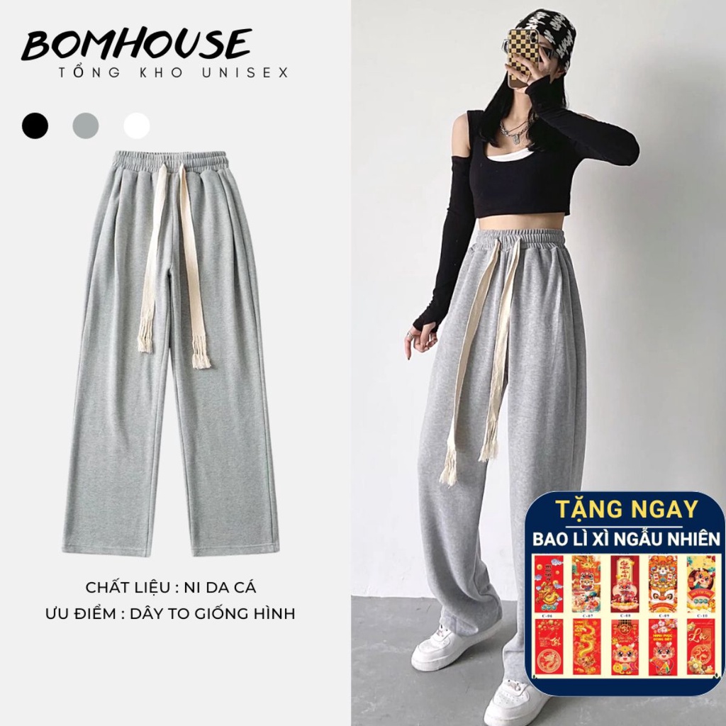  Quần Ống Rộng Suông Nữ BOM HOUSE Phối Dây Trendy Ullzang Unisex Nam Nữ