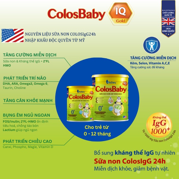 Sữa Bột Colosbaby IQ Gold 0+ 800g hỗ trợ phát triển trí não, miễn dịch khỏe cho bé - VitaDairy