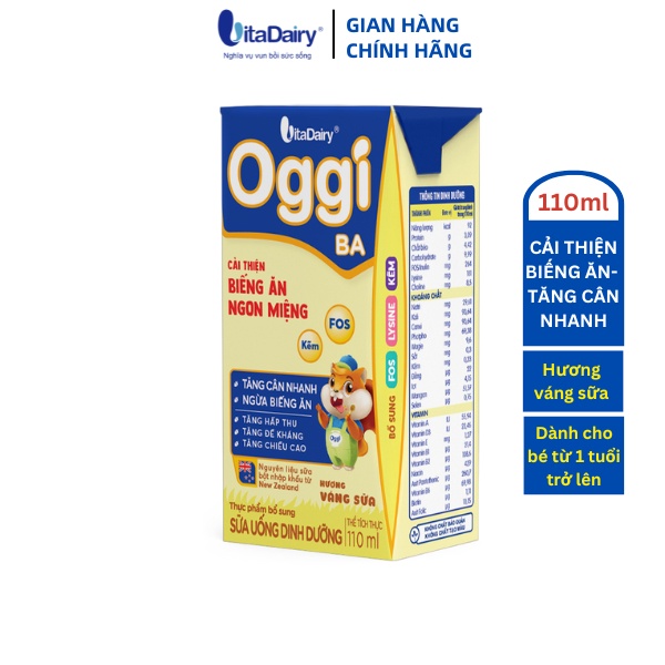 Sữa uống dinh dưỡng Oggi BA hương Váng sữa 110ml giúp bé tăng cân nhanh, ngừa biếng ăn - lốc 4 hộp - VitaDairy