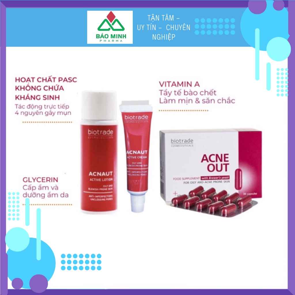 Lotion/ kem chấm mụn Biotrade Acnaut Active/ Viên uống Biotrade II Bảo Minh Pharma