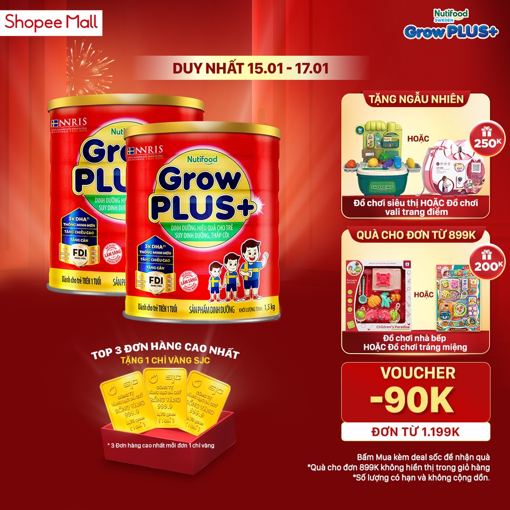 Combo 2 Sữa Bột Nutifood GrowPLUS+1.5kg - Tăng Cân, Tăng Chiều Cao 