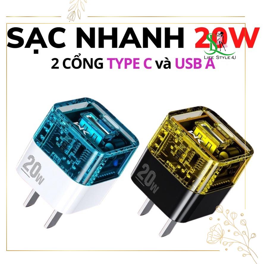 Củ sạc nhanh WEKOME, cổng sạc nhanh công suất, cục sạc nhanh thiết kế trong suốt 2 cổng kết nối