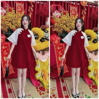 [Hàng Hot] Váy Nhung Đỏ Cổ Tàu Kèm Gấu Đi Chơi Diện Tết Dễ Thương