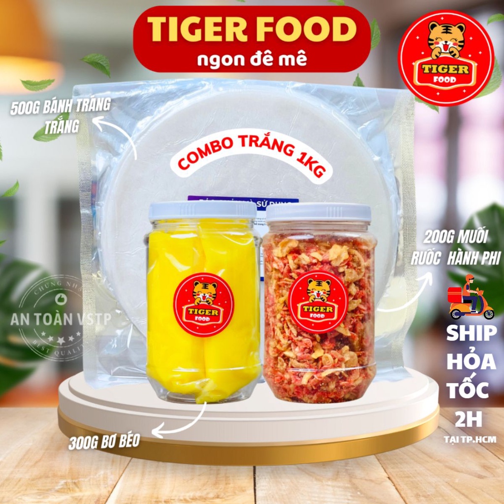 COMBO Bánh tráng phơi sương 1kg TIGER FOOD Bánh tráng + Bơ béo + Muối tôm hành phi - COMBO 1KG ăn đã