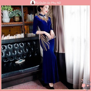 M Đầm Sườn Xám Nhung Dáng Dài Thêu Họa Tiết Phong Cách Trung Hoa Cổ Điển Trung Hoa Thời Trang Thu Đông