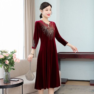 Váy đầm xuân thu của mẹ nhung khí chất cao cấp dành cho nữ trung niên cỡ lớn lễ hội cưới dài vừa phải