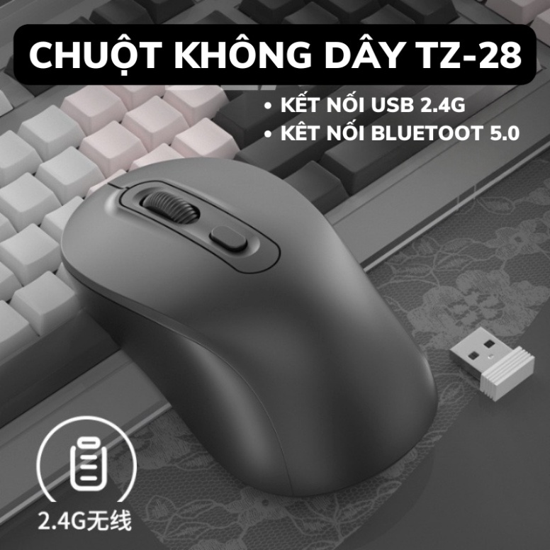 Chuột không dây TZ28 kết nối Bluetooth và USB 2.4Ghz nhỏ gọn thuận cả 2 tay phù hợp PC Laptop TECHZONE