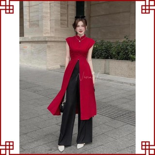 Áo dài đỏ, áo dài cách tân tay lửng dáng suông kèm quần suông trắng form dáng freesize siêu xinh.
