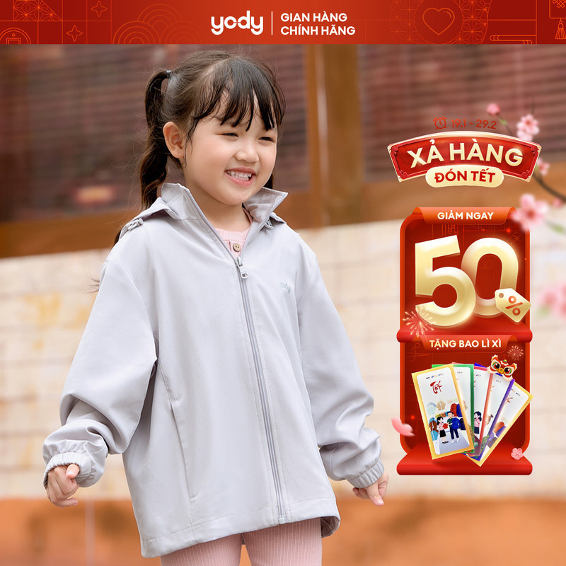 Áo gió trẻ em YODY chất liệu vải gió chống thấm nước gấp gọn có lót lưới có mũ tháo rời linh hoạt AKK5021