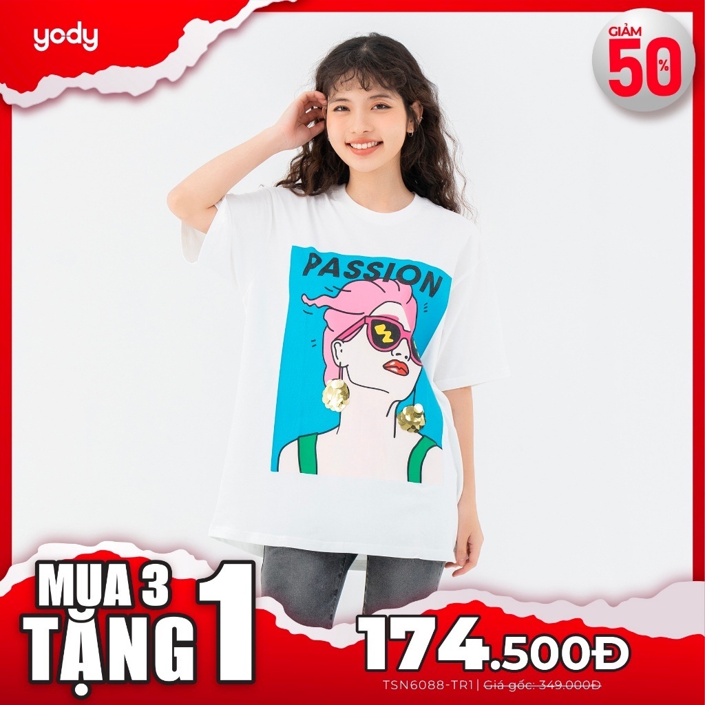 Áo thun T-Shirt nữ YODY dáng rộng in cô gái chất liệu cotton Usa TSN6088