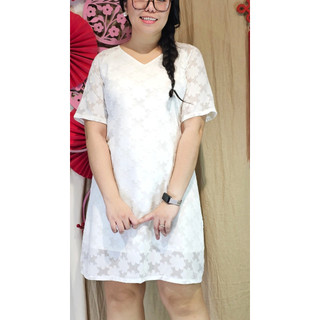 Bigsize công sở - Đầm Ráp Lăn Trắng Hoa