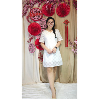 Bigsize công sở - Đầm Ráp Lăn Trắng Hoa