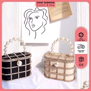 Túi clutch xinh giỏ tiệc  hình trụ đi tiệc sang trọng kèm quai ngọc trai giả