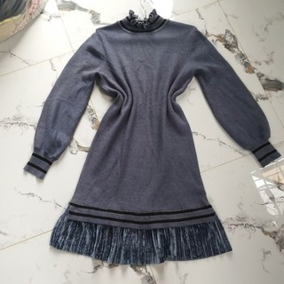 Đầm len phối nhung màu xám size S -M