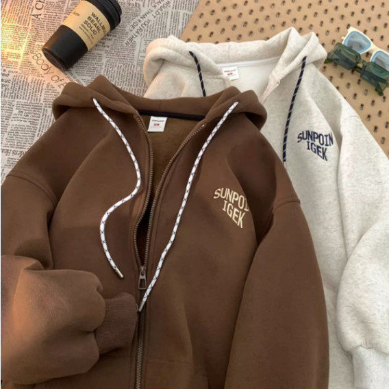 Áo Hoodie nữ zip unisex, khoác bomber nỉ bông Ulzzang, mũ áo trùm đầu 2 lớp, thân 1 lớp, in chữ SUNPOIN IGEK | BigBuy360 - bigbuy360.vn