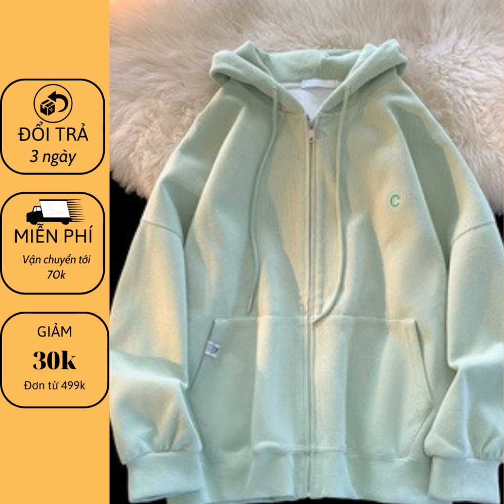 Áo Hoodie nữ zip unisex, khoác bomber nỉ bông Ulzzang, mũ áo trùm đầu 2 lớp, thân 1 lớp phong thái Hàn Quốc, thêu chữ