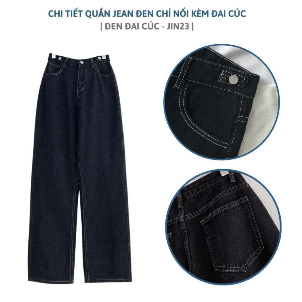 Quần jean nữ ống rộng suông màu đen chỉ nổi kèm đai lưng cúc - Quần jeans ống suông KYUBI JIN23