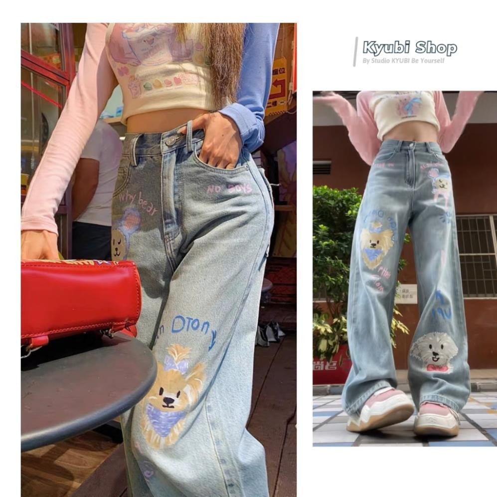Quần jeans nữ suông cạp cao ulzzang KYUBI LOVER - quần jean ống rộng lưng cao Kyubi BJR15