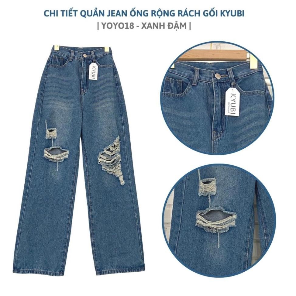 Quần jeans Nữ Lưng Cao Ống Rộng Rách Gối YOYO Thời Trang Hàn Quốc - Jeans suông mài rách Retro KYUBI