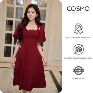 Váy xoè đỏ xếp vặn vai ,tay xoè COSMO Design