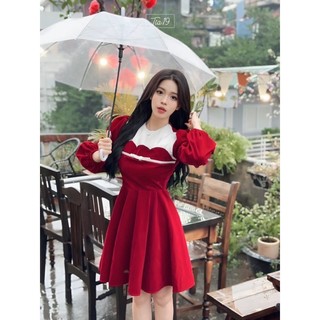 Váy nhung đỏ viền nơ thiết kế Amelia Tia19. Đầm nhung dáng xòe