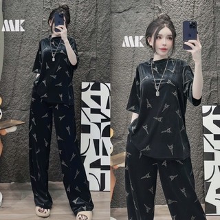 Set Nhung Nhũ óng ánh Bling form rộng Áo Suông rộng quần Dài Lưng chun mam