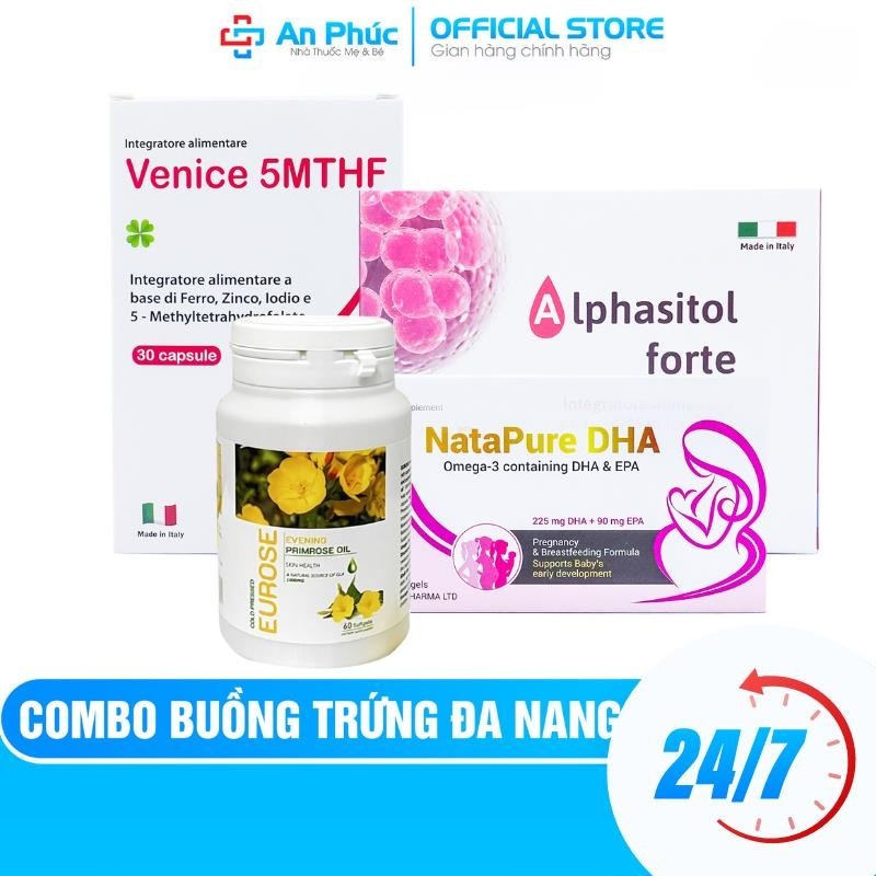 Combo Cho Mẹ Buồng Trứng Đa Nang, Tăng Đậu Thai ALPHASITOL + VENICE 5MTHF + EUROSE + NATAPURE DHA Nhà thuốc An Phúc