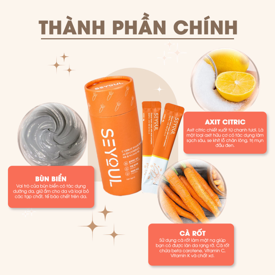 Mặt Nạ Cà Rốt Sủi Bọt SEYOUL Thải Độc Sạch Mụn, Mặt Nạ Sủi Bọt Cà Rốt Se Khít Lỗ Chân Lông, Hút Dầu, Sáng Da 12 gói/hộp