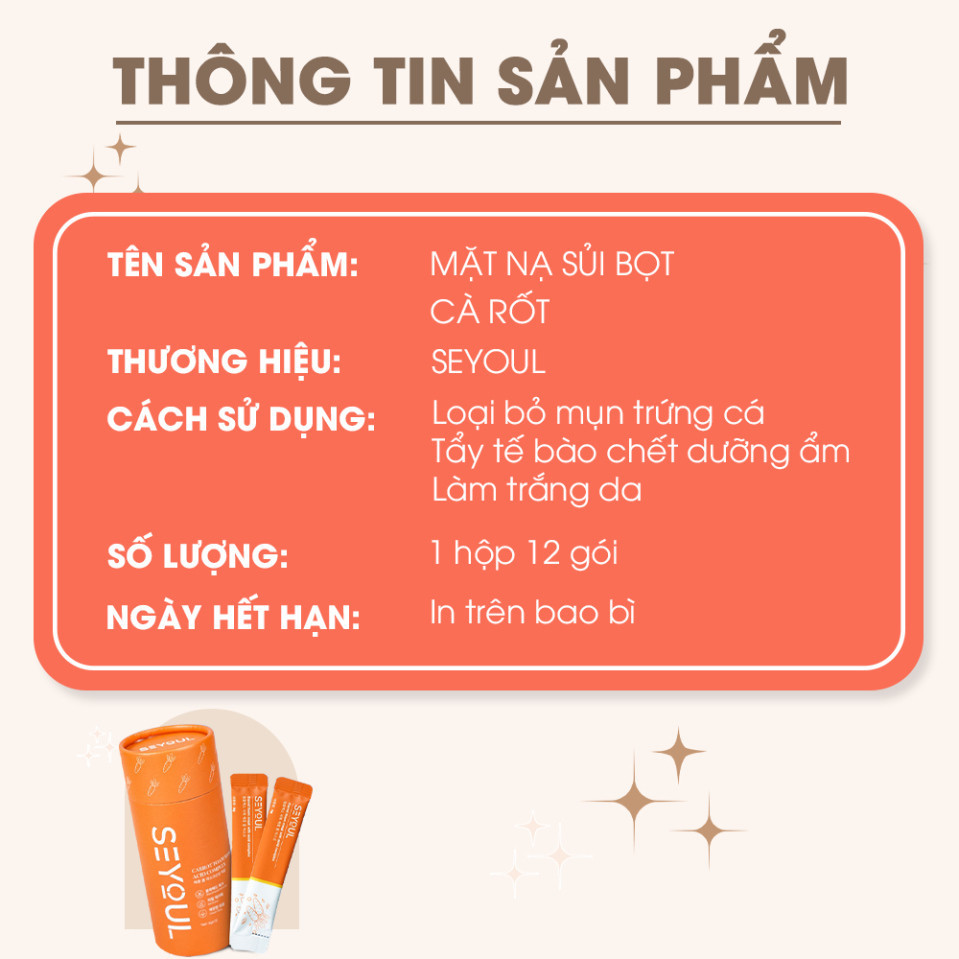 Mặt Nạ Cà Rốt Sủi Bọt SEYOUL Thải Độc Sạch Mụn, Mặt Nạ Sủi Bọt Cà Rốt Se Khít Lỗ Chân Lông, Hút Dầu, Sáng Da 12 gói/hộp