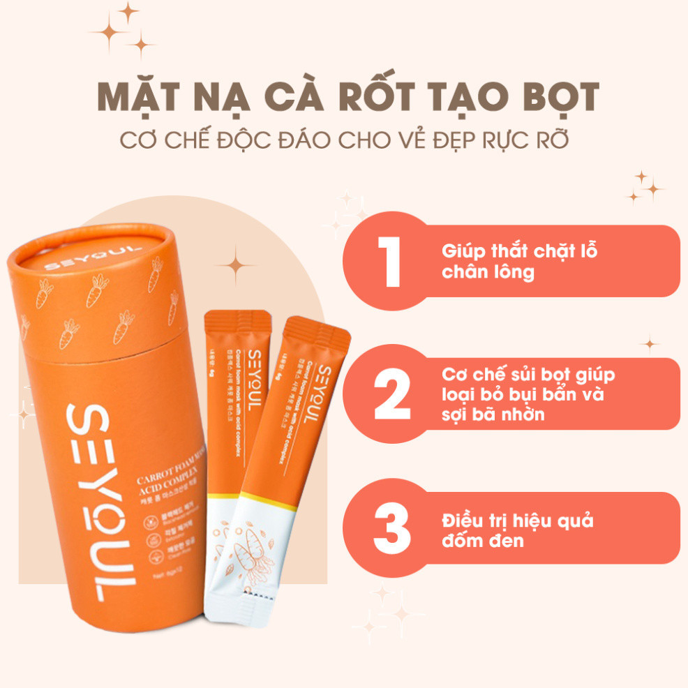 Mặt Nạ Cà Rốt Sủi Bọt SEYOUL Thải Độc Sạch Mụn, Mặt Nạ Sủi Bọt Cà Rốt Se Khít Lỗ Chân Lông, Hút Dầu, Sáng Da 12 gói/hộp