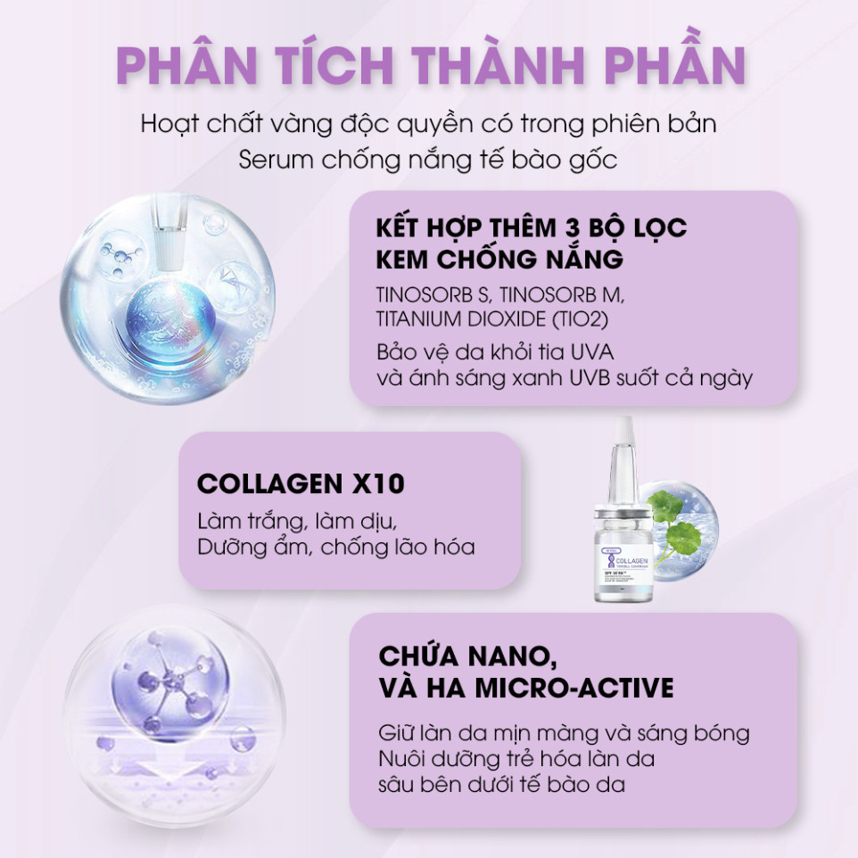 Serum Chống Nắng Tế Bào Gốc T - Collagen 21 Giờ SEYOUL SPF+ 50PA++++ Nâng Tone Kiềm Dầu Hàn Quốc Hộp 4 chai/20ml